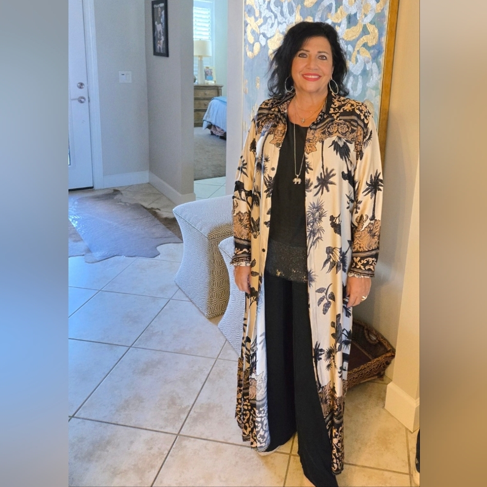 Black & Cream Tropical Print Maxi Button Down Dress Caftan